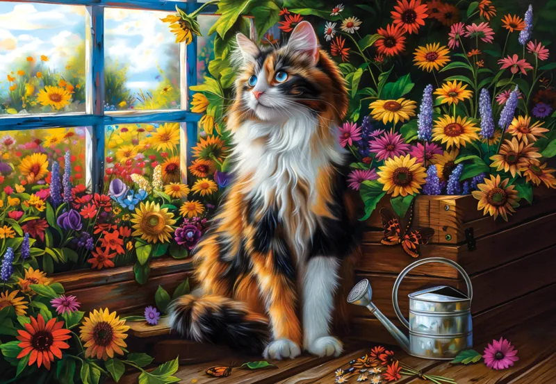 Meditation mit Katze und Blumen