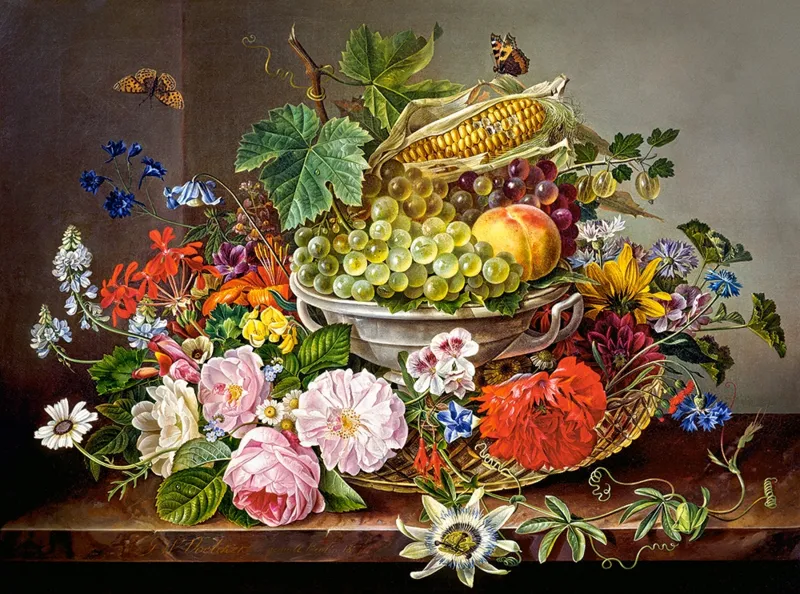 Stilleben mit Blumen und Obstkorb