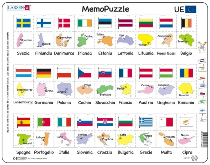Rahmenpuzzle - MemoPuzzle - Names, Flags and Capitals of 27 EU Member States (Italian)