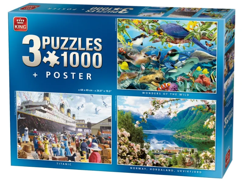 Set aus 3 1000 Teile Puzzles: Meeresbewohner, Norwegischer Fjord, TItanic