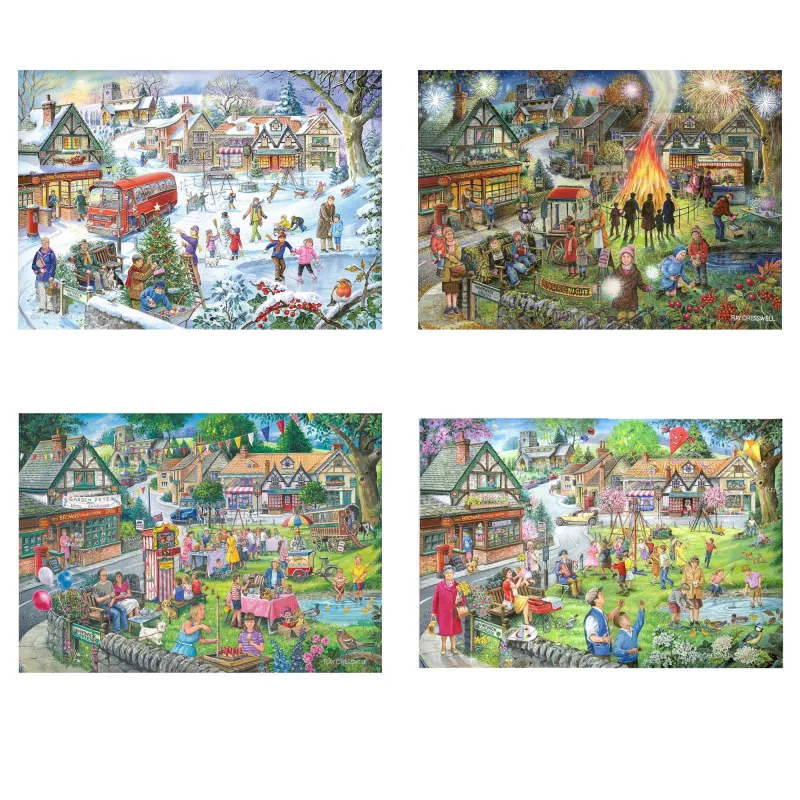 4 Puzzles - Dorfplatz im Wandel der Jahreszeiten