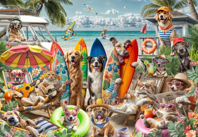 Hunde und Katzen am Strand