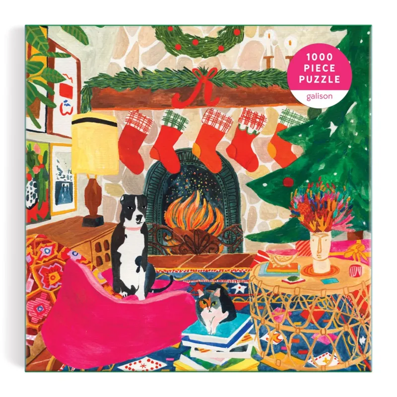 Freunde am Kamin – 1000-teiliges Puzzle in einer Quadratischen Box