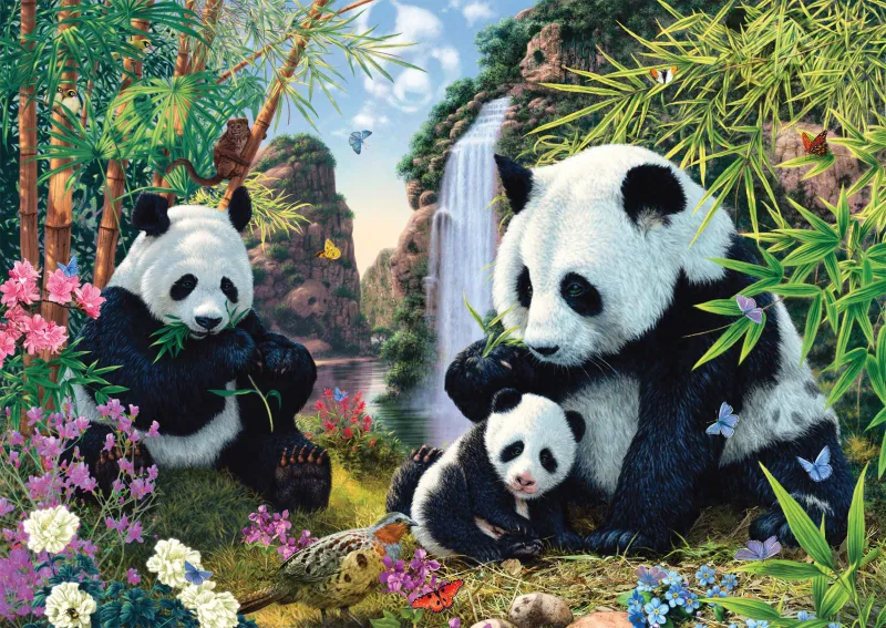 Pandafamilie am Wasserfall
