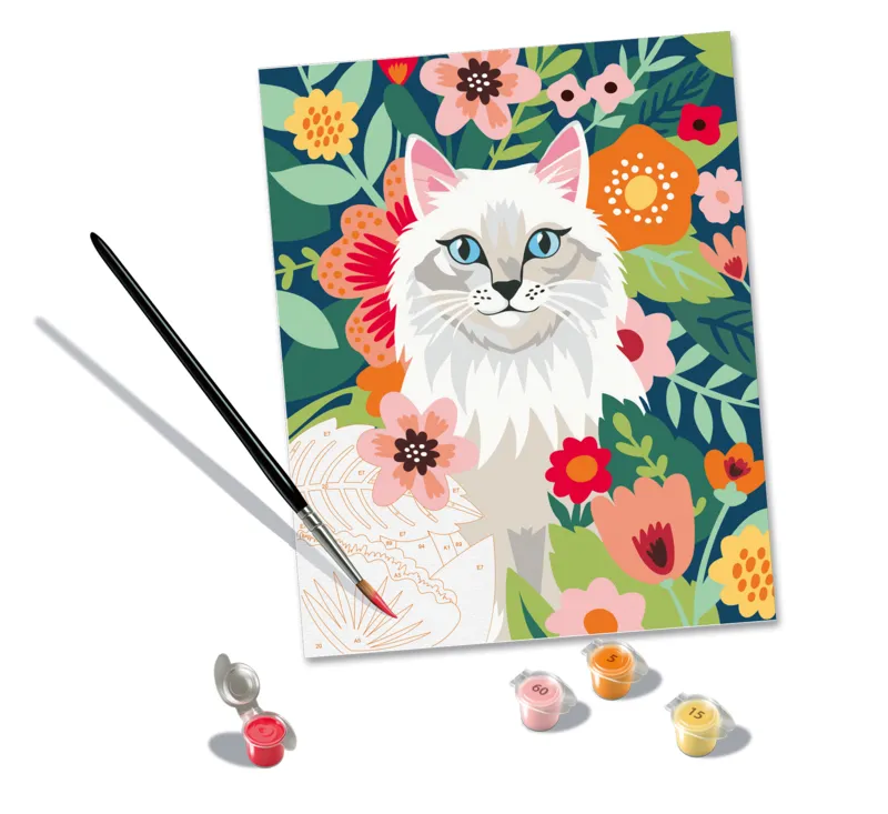 Malen nach Zahlen - CréArt - Weiße Katze & Blumen