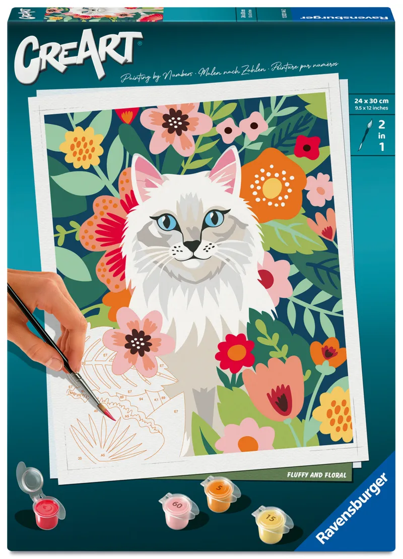 Malen nach Zahlen - CréArt - Weiße Katze & Blumen