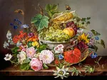 Stilleben mit Blumen und Obstkorb